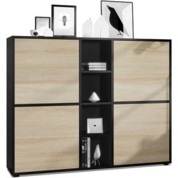 Buffet haut Armoire Cabinet Commode Cuba V3 Noir mat - haute brillance - Portes en Chêne brut sans