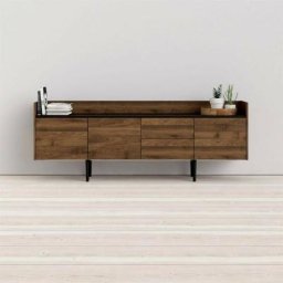 Buffet salon 195x40 cm noir mat et noyer avec trois portes et deux tiroirs Noir et Noyer