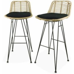 Deux tabourets de bar en rotin naturel et métal, coussins noirs - Cahya - Noir