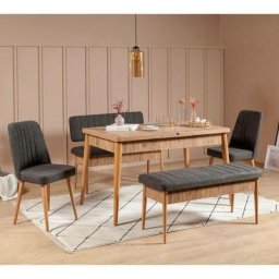 Set table extensible, 2 chaises, banc et banquette Malva Bois clair et Tissu Anthracite - Anthracite