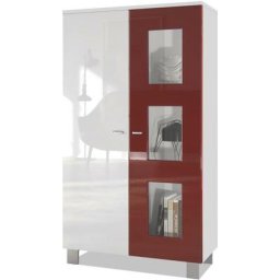 Vitrine Armoire haute Commode Denjo en Blanc mat - haute brillance - Porte en Bordeaux haute