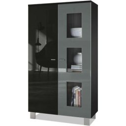 Vladon - Vitrine Armoire haute Commode Denjo en Noir mat - haute brillance - Porte en Gris haute