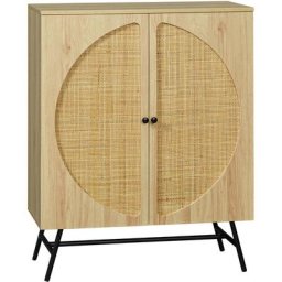 Buffet 2 portes cannage rotin avec étagère piètement métal noir aspect chêne clair - Beige