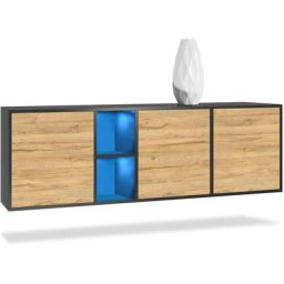 Vladon Buffet Commode Dressoir Crédence LED Cuba Noir mat - Haute brillance - Portes en Chêne