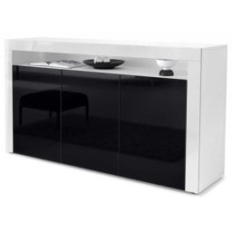 Buffet Commode Dressoir Crédence Valencia Blanc, haute brillance & tons naturels - Noir haute