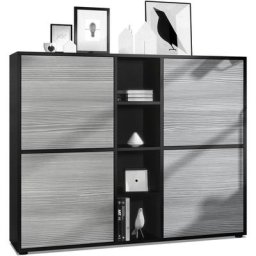 Vladon Buffet haut Armoire Cabinet Commode Cuba V3 Noir mat - haute brillance - Portes en