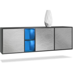 Vladon Buffet Commode Dressoir Crédence LED Cuba Noir mat - Haute brillance - Portes en Metal rêche