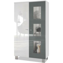 Vladon Vitrine Armoire haute Commode Denjo en Blanc mat - haute brillance - Porte en Gris haute
