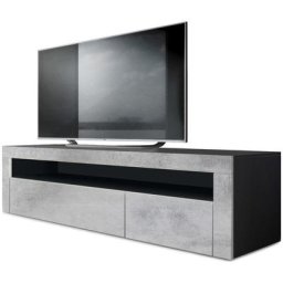 Armoire basse Meuble tv Valencia en Noir mat - haute brillance & tons naturels - Aspect Béton Oxyde