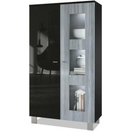 Vladon - Vitrine Armoire haute Commode Denjo en Noir mat - haute brillance - Porte en