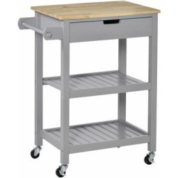Homcom - Desserte de cuisine à roulettes - chariot de service - tiroir, 2 étagères - plateau bois