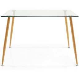 Table avec Plateau de Bureau en Verre Trempé, Table de Salle à Manger en Verre avec Pieds en Métal