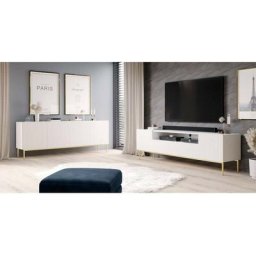 Salon complet Bobochic Ensemble kasha avec Meuble tv 200 cm + Buffet 4 portes 200 cm pieds or Blanc