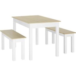 Ensemble table à manger 3 pièces - 2 bancs encastrables, grande table 4-6 personnes - blanc aspect