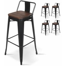 Kosmi - Lot de 4 tabourets de bar en métal noir mat style industriel avec dossier et assise en bois