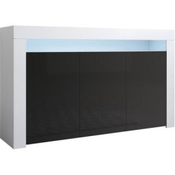 Buffet de salon bas 3 portes avec led bleue 155 x 91,5 x 37cm Couleur Blanc et Noir Finition