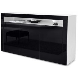 Buffet Commode Dressoir Crédence Valencia Blanc, haute brillance & tons naturels - Noir haute