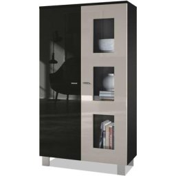 Vladon - Vitrine Armoire haute Commode Denjo en Noir mat - haute brillance - Porte en Gris sable