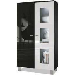 Vladon - Vitrine Armoire haute Commode Denjo en Noir mat - haute brillance - Porte en Blanc haute