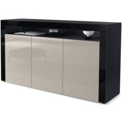 Buffet Commode Dressoir Crédence Valencia Noir, haute brillance & tons naturels - Gris sable haute