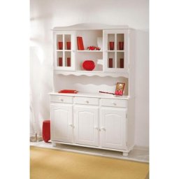 Buffet avec trois portes et tiroirs avec vitrine supérieure, couleur blanche, 130 x 198 x 32 cm