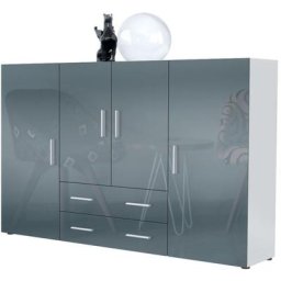 Vladon - Buffet haut Commode Nora blanc mat en Décor Naturel - Haute brillance - Façades en Gris