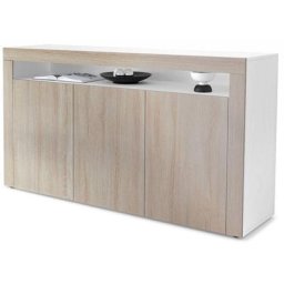 Vladon - Buffet Commode Dressoir Crédence Valencia Blanc, haute brillance & tons naturels - Chêne