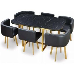 Ensemble Table à Manger + 6 Chaises Encastrable Popup Xl - Marbre Noir, Bois mdf, Polyuréthane,