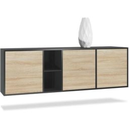 Buffet Commode Dressoir Crédence led Cuba Noir mat - Haute brillance - Portes en Chêne brut sans