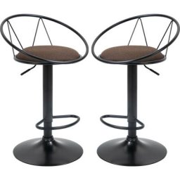 Lot de 2 tabourets de bar design néo-rétro réglable pivotant avec repose-pied métal noir lin marron