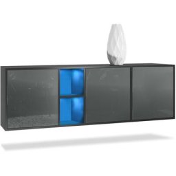 Buffet Commode Dressoir Crédence led Cuba Noir mat - Haute brillance - Portes en Gris laqué haute