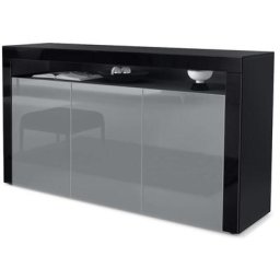 Buffet Commode Dressoir Crédence Valencia Noir, haute brillance & tons naturels - Gris haute