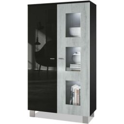 Vladon - Vitrine Armoire haute Commode Denjo en Noir mat - haute brillance - Porte en Aspect Béton