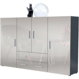 Buffet haut Commode Nora Anthracite mat en Décor Naturel - Haute brillance - Portes en Gris sable