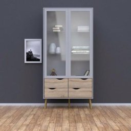 Vitrine salon 200 cm Blanc mat et Chêne avec deux portes et quatre tiroirs chêne et blanc