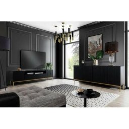 Salon complet Bobochic Ensemble kasha avec Meuble tv 200 cm + Buffet 4 portes 200 cm pieds or Noir