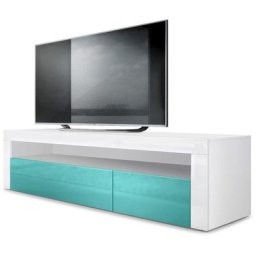 Armoire basse Meuble tv Valencia en Blanc mat - haute brillance & tons naturels - Turquoise haute