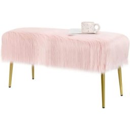 Banc en Fourrure Synthétique, Pieds en Métal Doré, Bout de Lit 91 35,5x 45,5 cm (l x l x h) Rose