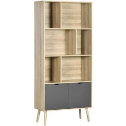 Bibliothèque design - 2 portes, 6 niches - dim. 80L x 35l x 180H cm - aspect chêne clair gris