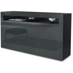 Buffet Commode Dressoir Crédence Valencia Noir, haute brillance & tons naturels - Gris haute