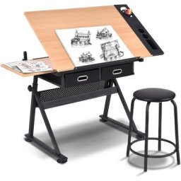 Table à Dessin Inclinable avec Tabouret,2 Tiroirs Pour l'Art et l'Artisanat Hauteur Réglable