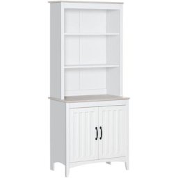Armoire de cuisine buffet haut 2 portes 3 étagères plateau mdf panneaux blanc aspect chêne clair