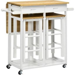 Ensemble table de bar pliable sur roulettes avec 2 tiroirs - 2 tabourets inclus - bois bambou verni