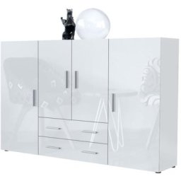Vladon - Buffet haut Commode Nora blanc mat en Décor Naturel - Haute brillance - Façades en Blanc