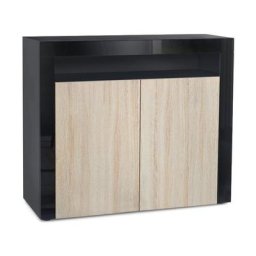 Commode Armoire Dressoir Crédence Valencia Noir, haute brillance & tons naturels - Chêne brut /