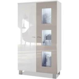 Vitrine Armoire haute Commode Denjo en Blanc mat - haute brillance - Porte en Gris sable haute