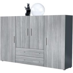 Vladon - Buffet haut Commode Nora Anthracite mat en Décor Naturel - Haute brillance - Portes en