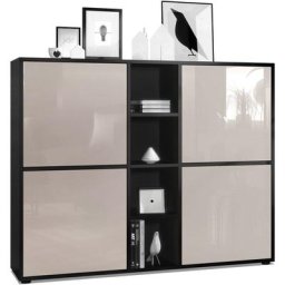 Buffet haut Armoire Cabinet Commode Cuba V3 Noir mat - haute brillance - Portes en Gris sable laqué
