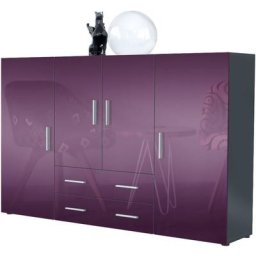 Buffet haut Commode Nora Anthracite mat en Décor Naturel - Haute brillance - Portes en Mûre laqué