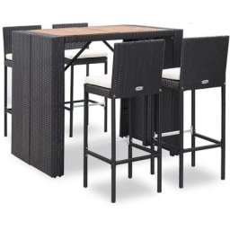 Ensemble Table + 4 Tabourets de bar | Table haute et bar Résine tressée et bois d'acacia Noir 14033